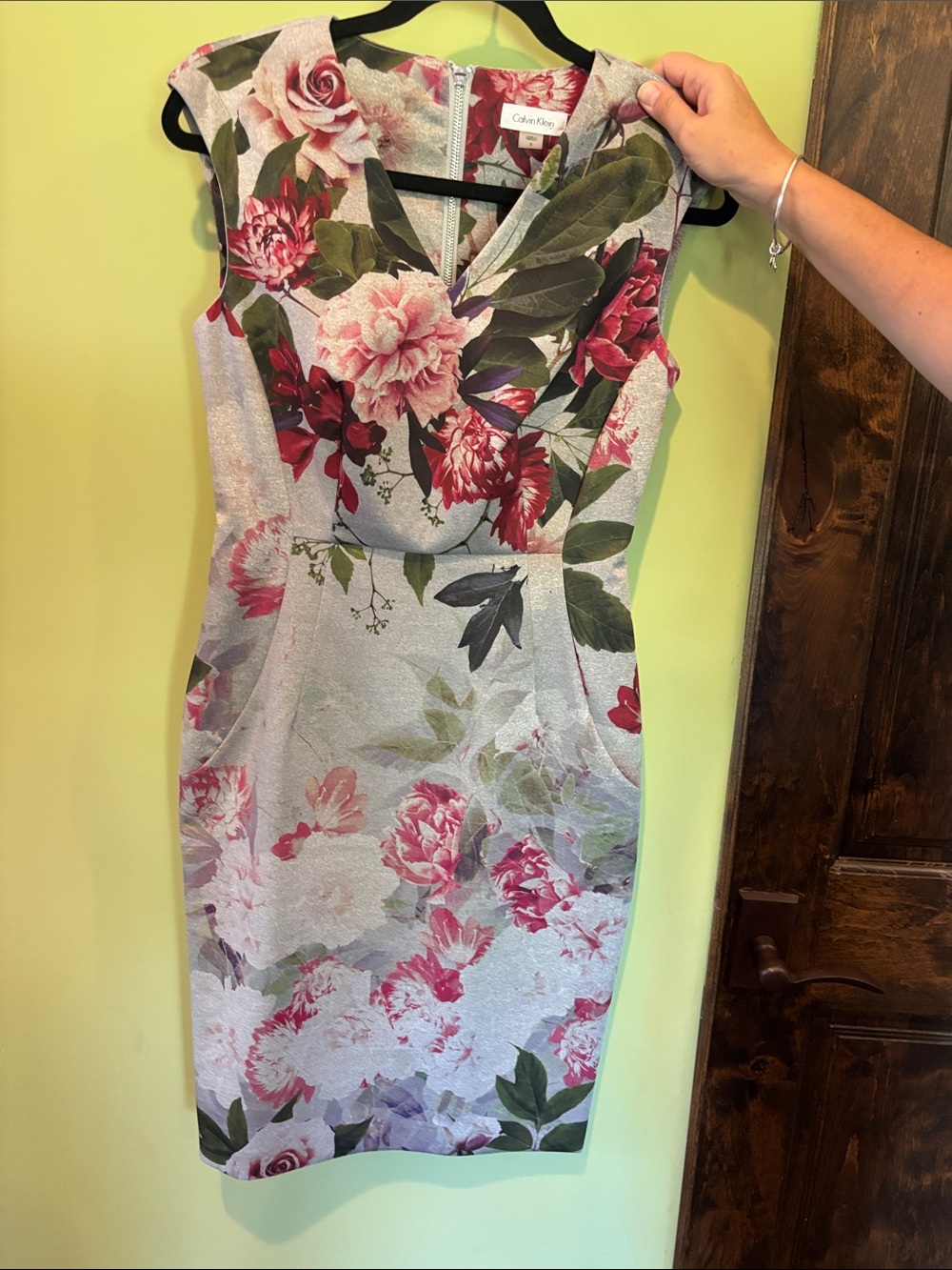 Calvin Klein Floral V-Neck Midi Sheath Dress in Pink and Green